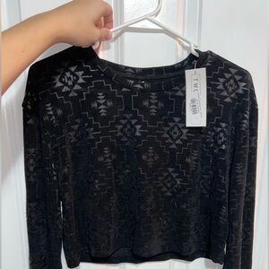 Black Patterned Mesh Long Sleeve Top